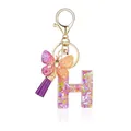Porte-clés lettre H en résine avec pompon violet et pendentif papillon en or - Lettre H-Thème Floral Violet Orange (QS2157)