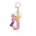 Porte-clés lettre J en résine avec paillettes violettes et dorées et papillon - Lettre J-Thème Floral Violet Orange (QS2157)
