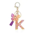 Porte-clés lettre K en résine avec paillettes violettes, papillon et pompon en cuir - Lettre K-Thème Floral Violet Orange (QS2157)