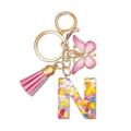 Resin letter N keychain with colorful heart sequins, pink tassel and butterfly charm - Letter N (Style 13)