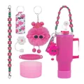 Pink 40oz water bottle accessory set with flower handle and plush keychain - Rose Pink Daisy Style (Pattern 6)