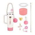 Pink and white cup accessory set with pearl chain, cherry blossom straw cover and charms - Pink And White Style (Style 1)