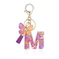 Porte-clés lettre M en résine avec paillettes violettes, papillon et pompon - Lettre M-Thème Floral Violet Orange (QS2157)
