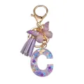 Resin letter C keychain with purple flower, glitter, butterfly charm and leather tassel - Letter C Style (款式3)