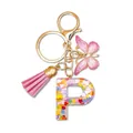 Resin letter P keychain with pink butterfly, tassel and glitter heart sequins - Letter P (Style 15)