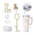 Kit accessoires Lettre L avec patch pailleté et base silicone pour gobelet Stanley 40oz - Ensemble de lettres à paillettes blanches avec bord doré (Style 12)(A)