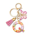 Pink resin letter Q keychain with heart sequins, butterfly charm and silk tassel pendant - Letter Q (Style 16)