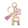 Resin initial R keychain with colorful sequins, pink tassel and butterfly charm - Letter R (Style 17)