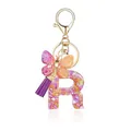 Porte-clés lettre R en résine pailletée avec breloque papillon et pompon violet soyeux - Lettre R-Thème Floral Violet Orange (QS2157)
