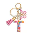 Resin letter T keychain with colorful heart sequins, pink tassel and butterfly charm - Letter T (Style 19)