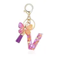Porte-clés lettre V en résine avec paillettes violettes et dorées et pompon violet - Lettre V-Thème Floral Violet Orange (QS2157)