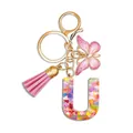 Resin letter U keychain with pink heart sequins, butterfly charm and silk tassel - Letter U (Style 20)