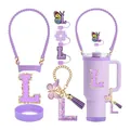 Kit accessoires violets Stanley avec patch lettre L et cache-paille en forme papillon - Ensemble à Paillettes Violettes - Lettre A