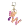 Porte-clés lettre M en résine avec paillettes violettes, papillon et pompon - Lettre M-Style 2-Thème Floral Violet Orange (QS2157)