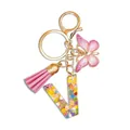 Pink glitter resin letter V keychain with sequin butterfly and gold ring - Letter V (Style 21)