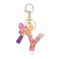 Porte-clés lettre Y en résine avec paillettes roses, papillon et pompon violet - Lettre Y-Thème Floral Violet Orange (QS2157)