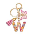 Resin letter W keychain with colorful sequins, pink butterfly charm and tassel - Letter W (Style 22)
