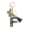 Porte-clés résine lettre F avec paillettes noires, breloque papillon et pompon noir - Lettre F (Style 6)
