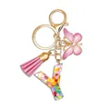 Pink resin alphabet letter Y keychain with butterfly and colorful heart sequins - Letter Y (Style 24)