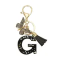 Porte-clés lettre G en résine noire pailletée avec papillon doré et pompon - Lettre G (Style 7)