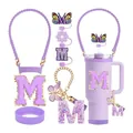 Kit d'accessoires violets pour gobelet Stanley avec breloque M et couvre-paille papillon - Ensemble de collection violet lavande - Lettre A