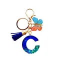 Porte-clés lettre C en résine avec paillettes, pompon bleu et papillon coloré - Lettre C Paillettes Dégradé Bleu-Vert (QS2157)