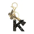 Porte-clés lettre K en résine noire avec pendentif papillon et gland noir élégant - Lettre K (Style 11)