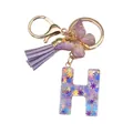 Porte-clés lettre H en résine violette avec paillettes, étoiles et pompon violet - Style Lettre H (Modèle 7)