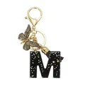 Porte-clés lettre M en résine avec paillettes noires, papillon doré et gland - Lettre M (Style 13)