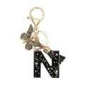 Porte-clés lettre N en résine noire avec paillettes, breloque libellule et pompon - Lettre N (Style 14)