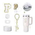 Kit d'accessoires 7 pièces pour gobelet Stanley avec lettre P en chenille rose - Ensemble d'accessoires de lettres en chenille blanche 7 pièces Style 15 (A)
