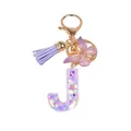 Porte-clés lettre J en résine avec paillettes de cœur violettes, pompons et papillon - Style Lettre J (Modèle 9)