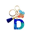 Porte-clés lettre D en résine avec dégradé de paillettes, pompon bleu et papillon - Lettre D Paillettes Dégradé Bleu-Cyan (QS2157)