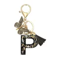 Porte-clés lettre P en résine avec paillettes, pompon noir et charm papillon doré - Lettre P (Style 16)