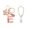 Porte-clés lettre E en résine rose avec papillon pailleté, pompon et collier doré - Lettre E (Style 5)