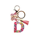 Porte-clés lettre D en résine avec paillettes, pompon rose et breloque papillon - Lettre D Paillettes Cœur Coloré (QS2157)