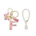 Porte-clés lettre F en résine rose avec paillettes cœur, pompon et papillon doré - Lettre F (Style 1)