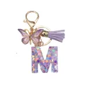 Porte-clés lettre M en résine violette avec paillettes, papillon et pompon - Style Lettre M (Style 12)
