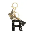 Porte-clés lettre R en résine avec paillettes noires, pendentif papillon et pompon doré - Lettre R (Style 18)