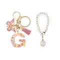 Porte-clés lettre G en résine rose avec papillon pailleté, pompon et fermoir doré - Lettre G (Style 7)