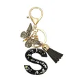 Porte-clés lettre S en résine à paillettes noires avec papillon doré et gland décoratif - Lettre S (Style 19)