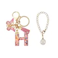 Porte-clés lettre H en résine rose avec paillettes cœurs et pompon papillon doré - Lettre H (Style 8)