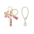 Porte-clés lettre I en résine rose avec breloque papillon dorée et pompon chic - Lettre I (Style 9)