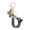 Porte-clés lettre U en résine noire avec paillettes et pendentif papillon doré élégant - Lettre U (Style 21)