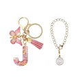 Porte-clés lettre J en résine rose avec pompons dorés et pendentif assorti en coffret - Lettre J (Style 10)