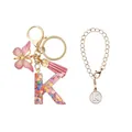 Porte-clés lettre K en résine rose avec paillettes cœur, papillon doré et pompon - Lettre K (Style 11)