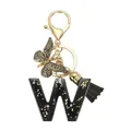 Porte-clés lettre W en résine noire pailletée avec pendentif papillon et pompon - Lettre W (Style 23)
