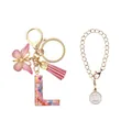Porte-clés lettre L en résine rose avec paillettes de cœur, papillon et pompon rose - Lettre L (Style 12)