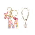 Porte-clés lettre M en résine pailletée rose avec breloque papillon et pompon doré - Lettre M (Style 13)