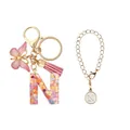 Porte-clés lettre N en résine rose avec papillon violet et paillettes en forme de cœur - Lettre N (Style 14)